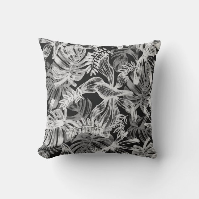 Coussin Feuilles tropicaux noirs et blancs (Recto)