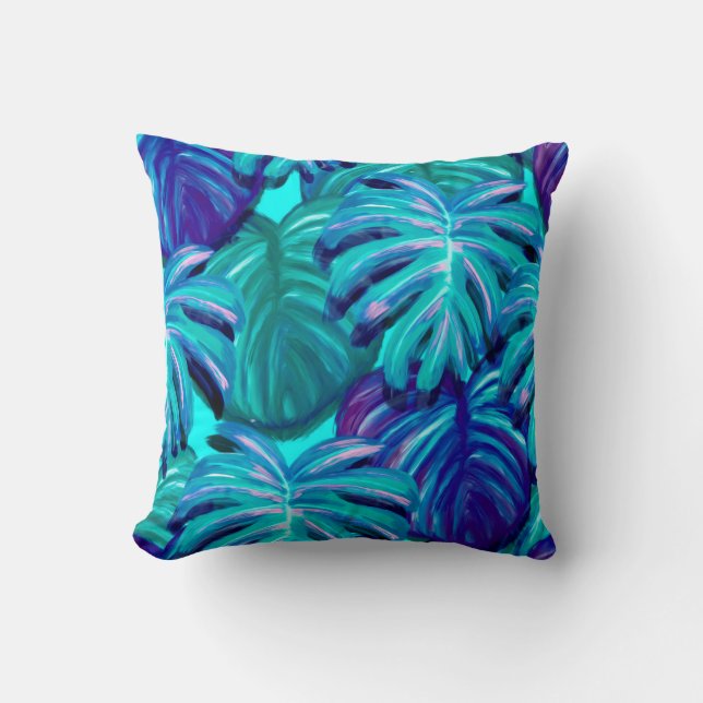 Coussin Feuilles tropicaux Turquoises bleus (Recto)