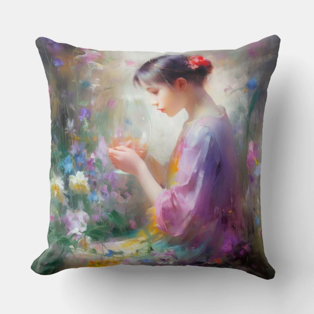 Coussin Fille admirant une fleur dans ses mains (Recto)
