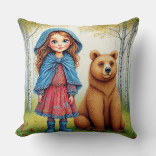 Coussin Fille adorable et ours dans une forêt fantaisiste
