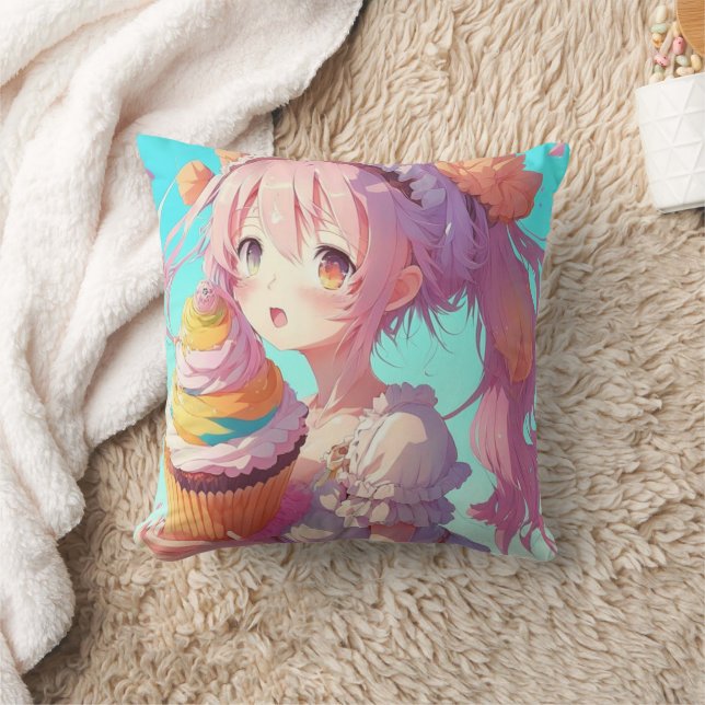 Coussin Fille Anime avec Cupcake Whimsical (Couverture)