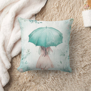 Coussin Fille au parapluie sarcelle Jardin pluvieux
