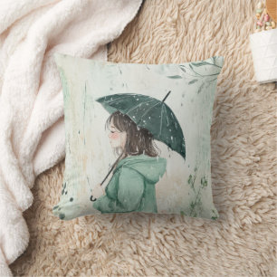 Coussin Fille au parapluie sarcelle Jardin pluvieux (2)
