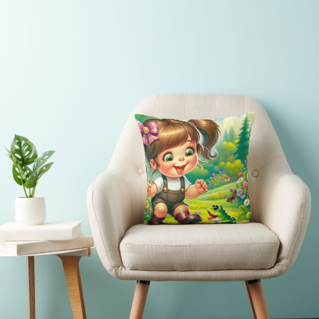 Coussin Fille aux grands yeux et grenouille verte (Chaise)