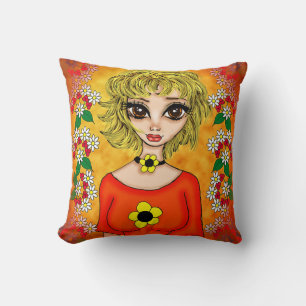 Coussin Fille Avec Chemise Orange Et Fleur Blanche Jaune
