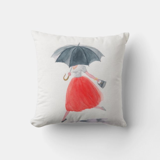 Coussin Fille avec parapluie sous la pluie. illustration d (Recto)
