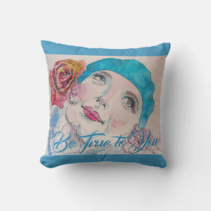Coussin Fille avec Rouge Rose Beret Aquarelle Turquoise Co