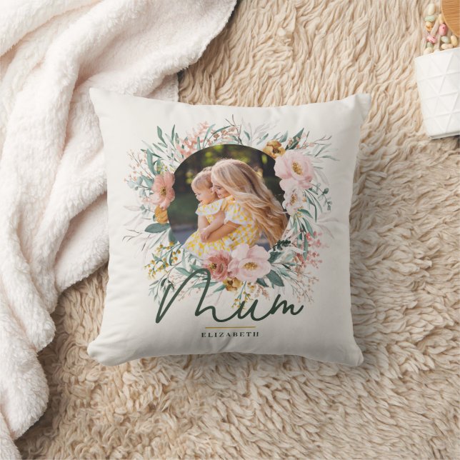 Coussin Fille cadeau photo aquarelle fleurie mère jour (Couverture)