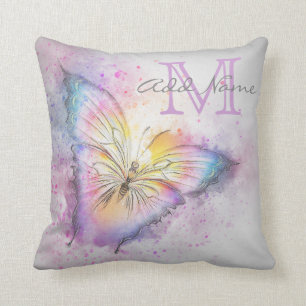 Coussin Fille colorée d'aquarelle de papillon de
