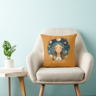 Coussin Fille Cosmique Illustration Boho Moon & Daisy Pers