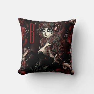 Coussin Fille Crâne de Sucre Mexicain Jour des Morts Rouge