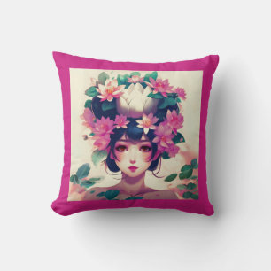 Coussin Fille d'anime couronnée de fleurs de lotus