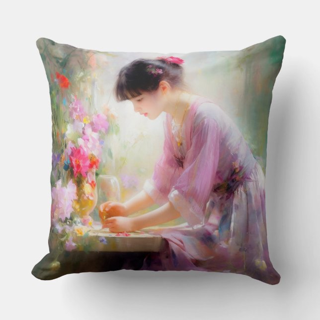 Coussin Fille dans un jardin fleuri  (Recto)