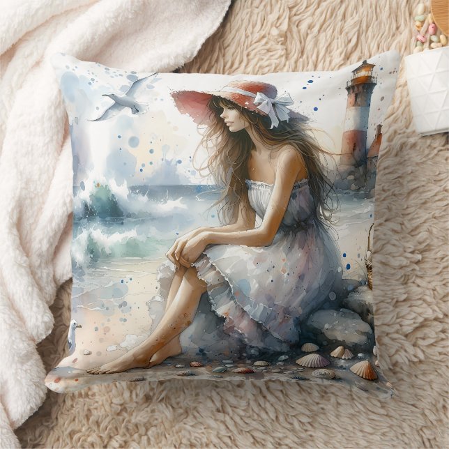 Coussin Fille d'aquarelle romantique par phare (Couverture)