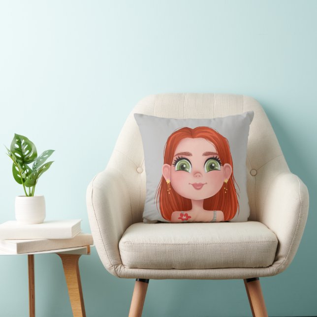 Coussin Fille de dessin avec cheveux rouges et yeux verts (Chaise)