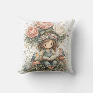 Coussin Fille de jardin fantaisiste lisant avec des oiseau
