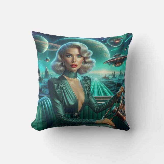 Coussin Fille de l'espace rétro (Recto)