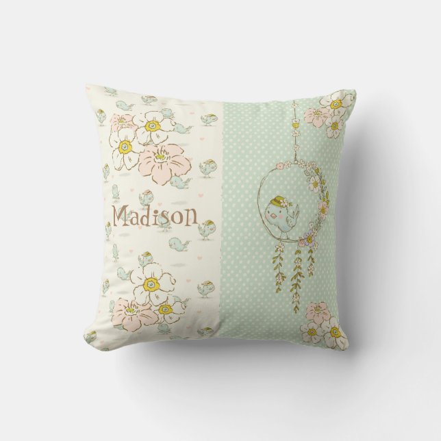 Coussin Fille de l'oiseau bleu Nom rustique floral Nursery (Recto)