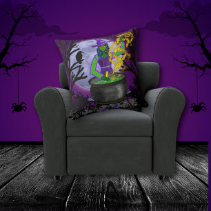 Coussin Fille Éffrayant Verte Sorcière Cauldron Magique