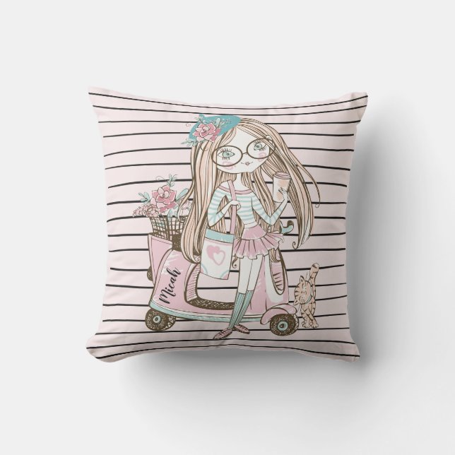Coussin Fille et chat avec scooter rayures Nom personnalis (Recto)