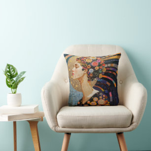 Coussin Fille et fleurs Art Nouveau