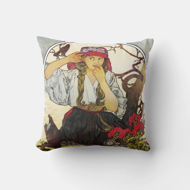 Coussin Fille et géranium, Mucha (Recto)