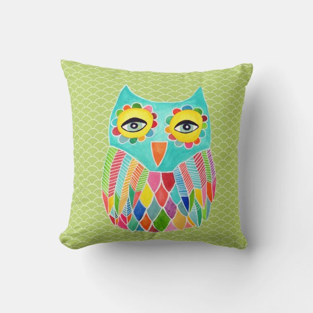 Coussin Fille Funky Moderne Chaux Vert Chouette Art Cuisin (Recto)