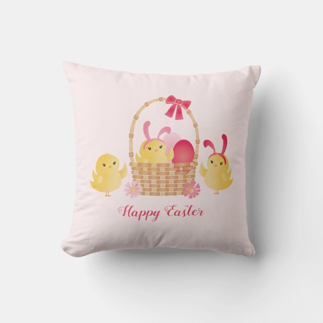 Coussin Fille Joyeux Poussins de Pâques rose (Recto)