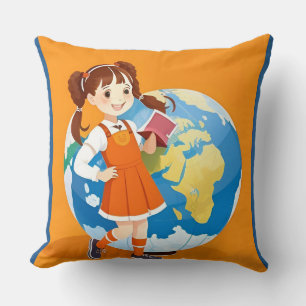 Coussin Fille lisant un livre globe salle d'étude