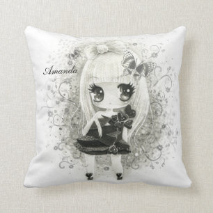 Coussin Fille mignonne de chibi dans noir et le blanc -