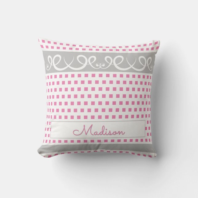 Coussin Fille mignonne Votre Nom Pink & Grey Fils & Carré (Recto)