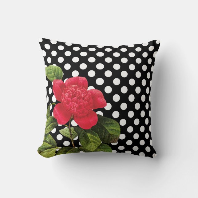 Coussin Fille Noir Blanc Pois Fleur Camellia Rouge (Recto)