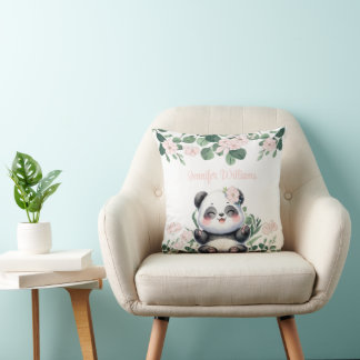 Coussin Fille Panda Mignonne Verdure Fleur Rose Floral