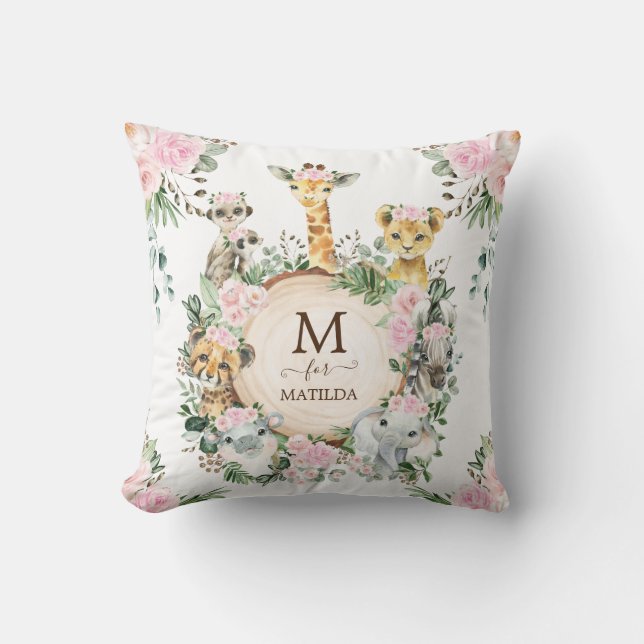 Coussin Fille sauvage Safari Jungle Animaux Fleurs roses (Recto)