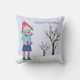 Coussin Fille tirée à la main sur une scène hivernale