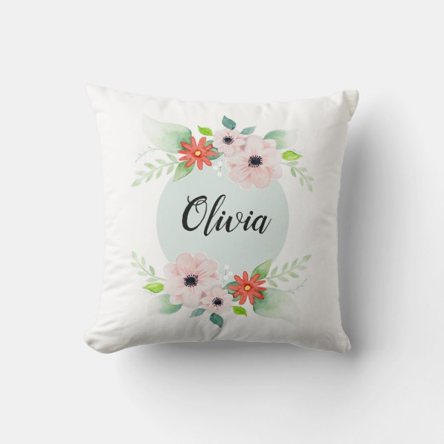 Coussin Filles Cute Floral Aquarelle Fleurs et nom Enfants (Recto)