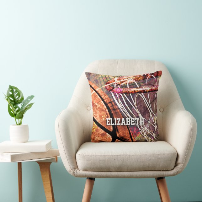 Coussin Filles nom Basketball et Hoop rose violet orange (Chaise)