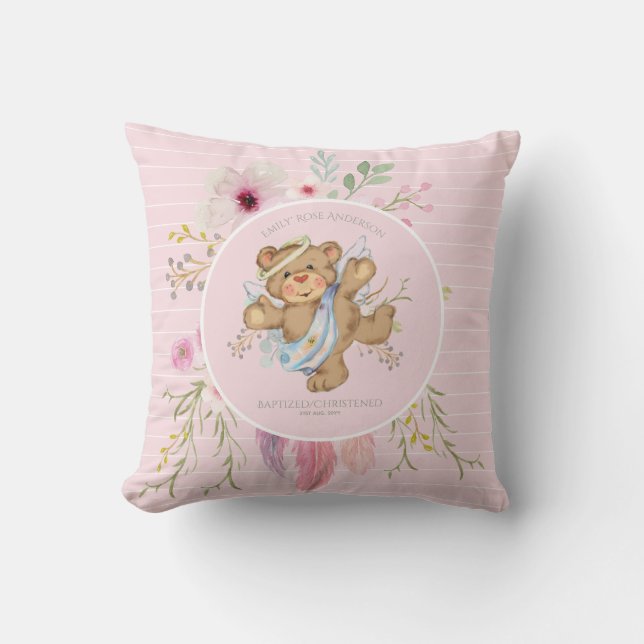 Coussin Filles personnalisées BAPTISM - Nounours d'ange ro (Recto)