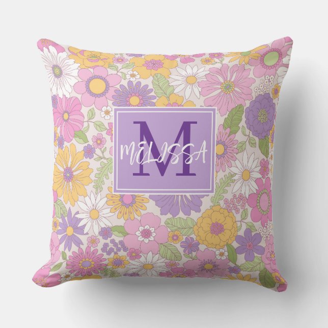 Coussin Filles Rétro Floral Monogramme Script Nom Accent  (Recto)