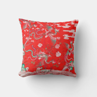 Coussin Five Phoenixes in Garden Chinese Red Floral 