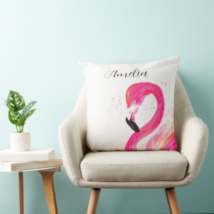 Coussin Flamant rose Aquarelle rose mignonne Nourriture Ar