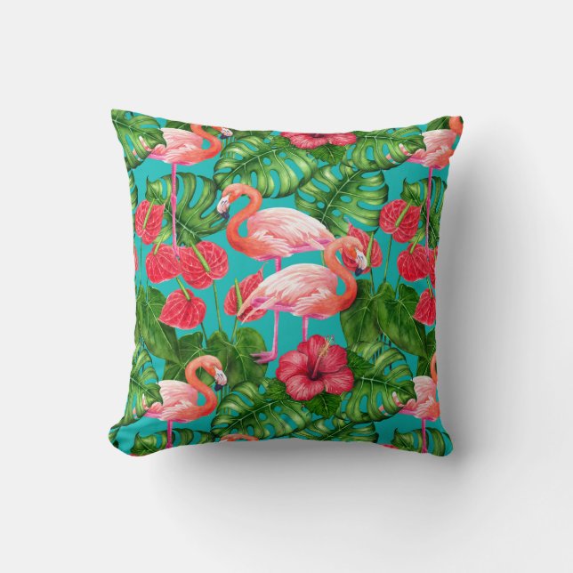 Coussin Flamant rose et aquarelle du jardin tropical (Recto)