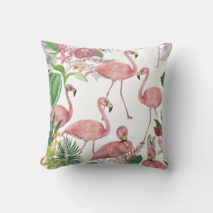Coussin Flamant rose Feuilles tropicaux Motif aquarelle