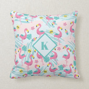 Coussin Flamant rose Mint Green Motif tropical Monogramme