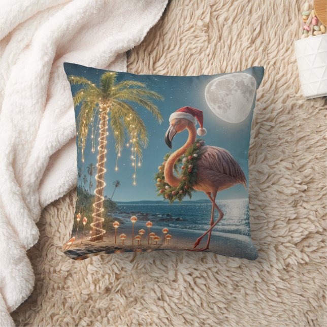Coussin Flamant rose portant une couronne de Noël (Couverture)