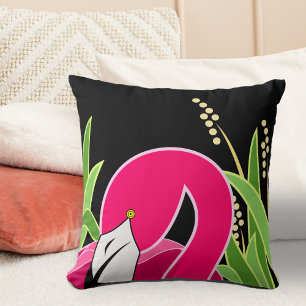 Coussin Flamant rose rose abstrait sur noir