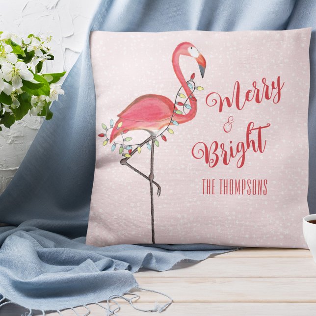 Coussin Flamant rose rose de Noël mignon Personnalisé (Christmas "Merry and Bright" cute whimsical pink flamingo throw pillow)
