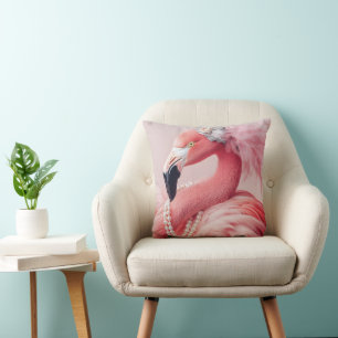 Coussin Flamant rose rose élégant avec perles et plumes