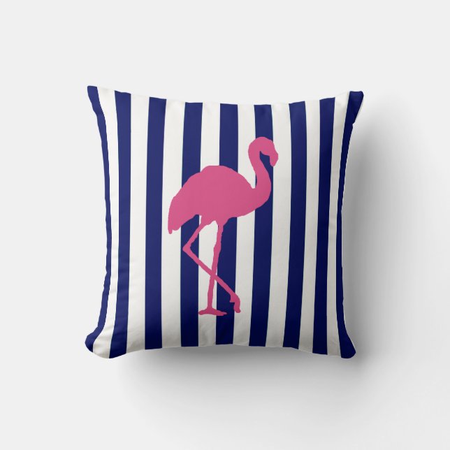 Coussin Flamant rose rose et bande marine (Recto)