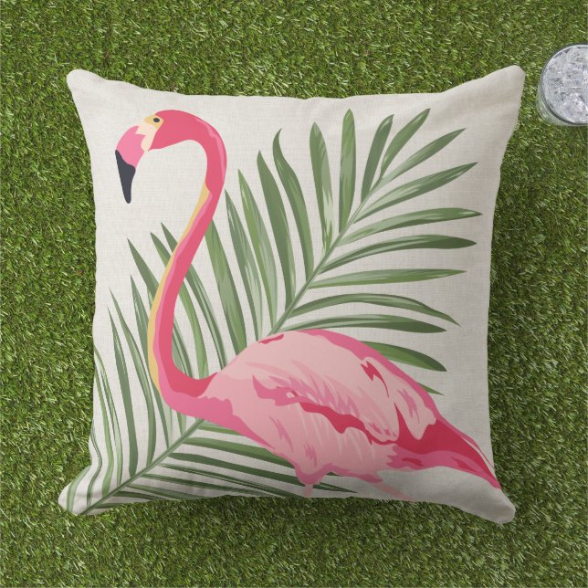 Coussin Flamant rose rose tropical et Feuilles de palmiers (Herbe)